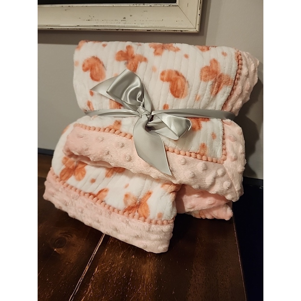 Parent's Choice Coral Butterfly Baby Blanket Minky Dot Satin Trim‎ 30X40 Gray